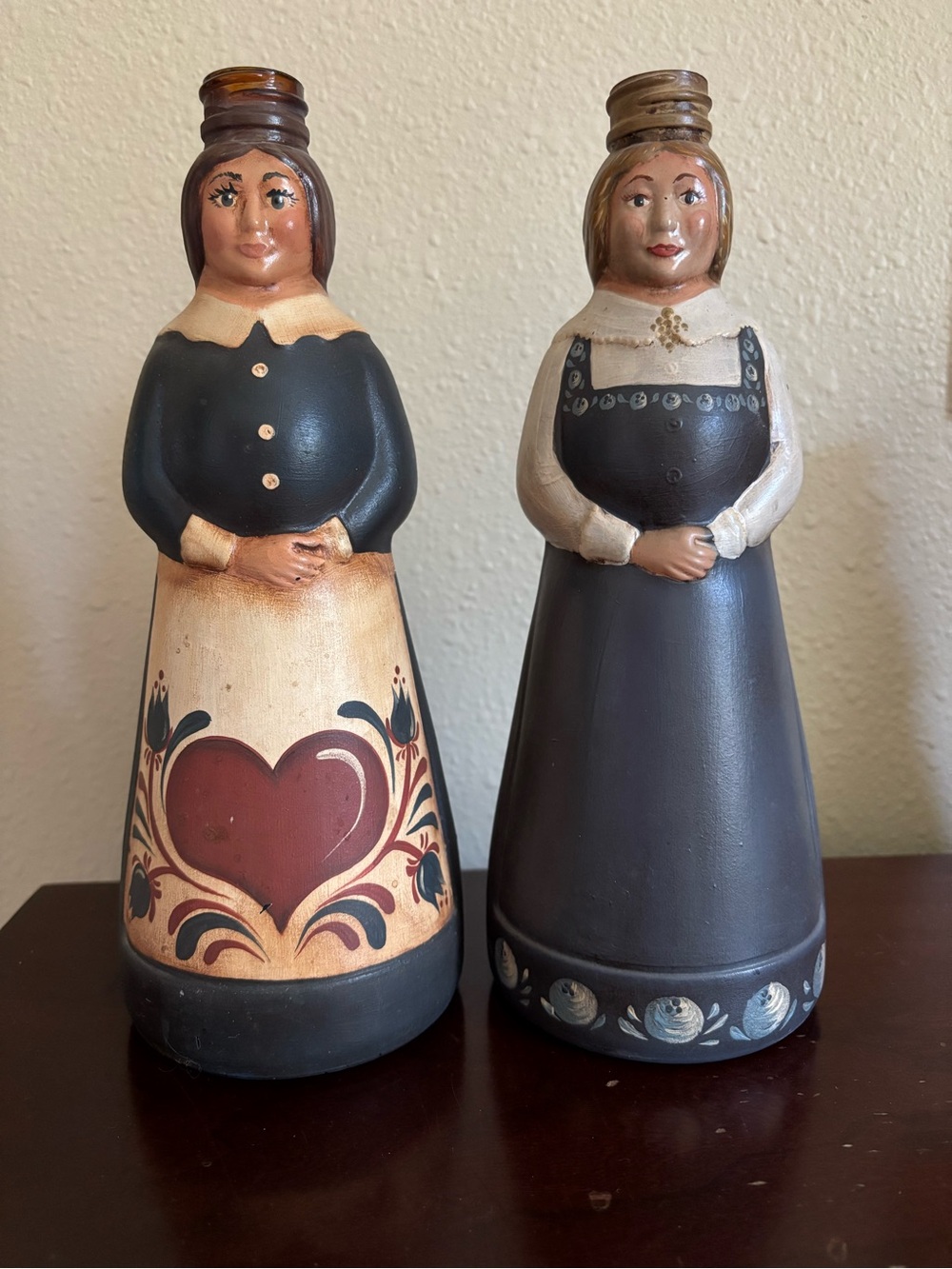 Pair of 10” Hand-Painted Folk Art Figurines — Mrs Butterworth Syrup Bottles!